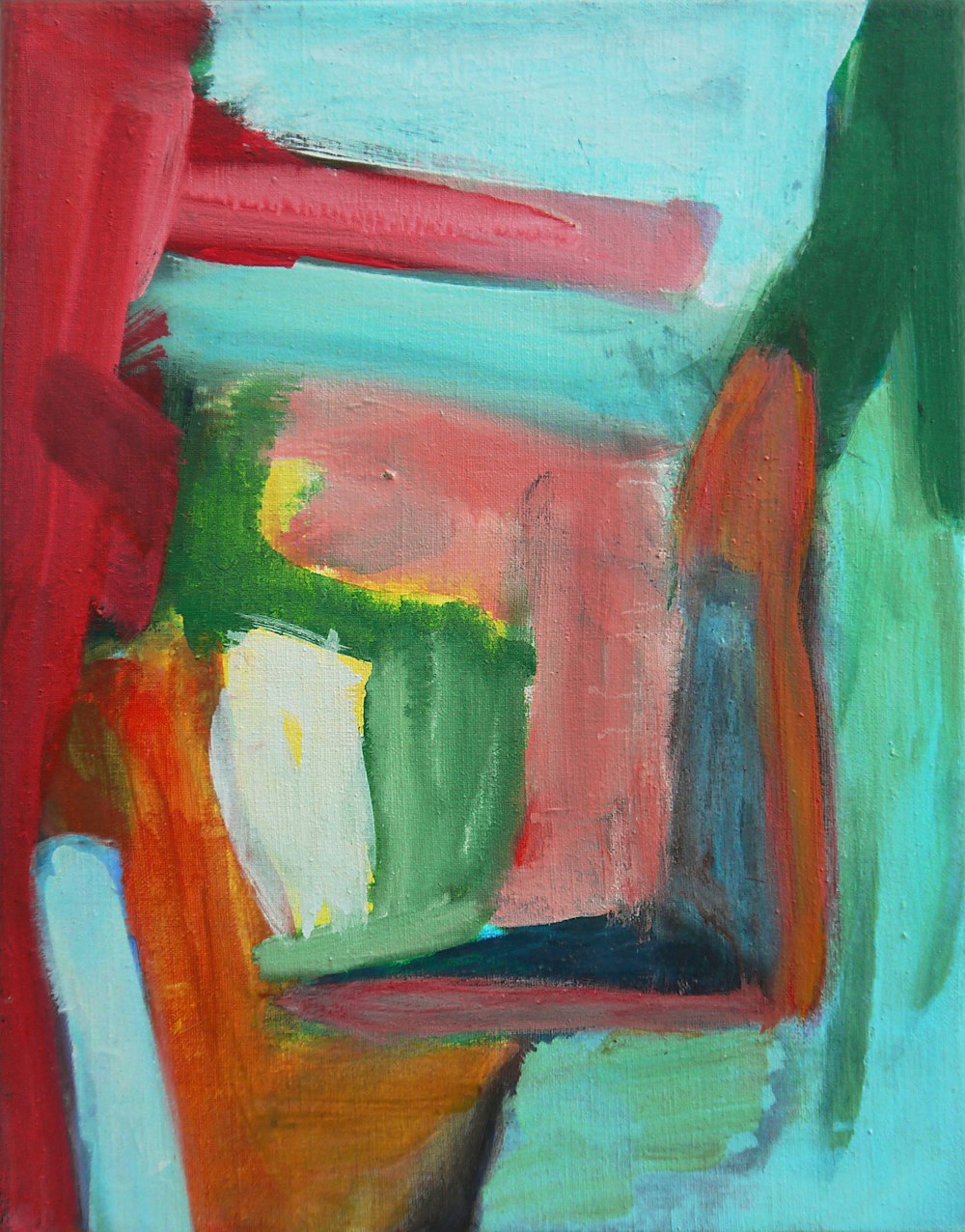 a painting of a red, green, blue, and yellow abstract painting