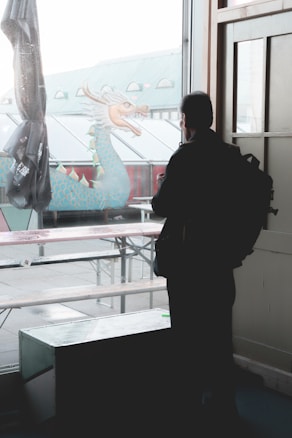 A person with a backpack stands indoors, looking out a window at a colorful, decorative dragon. The dragon has a long neck and is painted in shades of blue and green with a detailed face. The setting appears to be an outdoor area with tables, partially covered by a canopy.