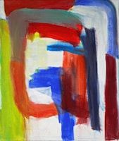 Abstract painting with bold, overlapping brushstrokes in vibrant hues. Dominant arcs and rectangular forms create a sense of movement and fluidity across the canvas. Colors transition smoothly with visible texture from the layered paint.