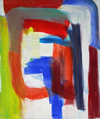 Abstract painting with bold, overlapping brushstrokes in vibrant hues. Dominant arcs and rectangular forms create a sense of movement and fluidity across the canvas. Colors transition smoothly with visible texture from the layered paint.