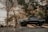 A person walks with a fishing rod near a black pickup truck parked on a dirt path surrounded by trees. Sunlight filters through the foliage creating a tranquil, early morning ambiance. The truck is equipped with off-road gear.