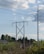 Power lines stretch across a clear blue sky with a few fluffy clouds. Below the lines, there is a mixture of residential rooftops and dense greenery, including trees and bushes.