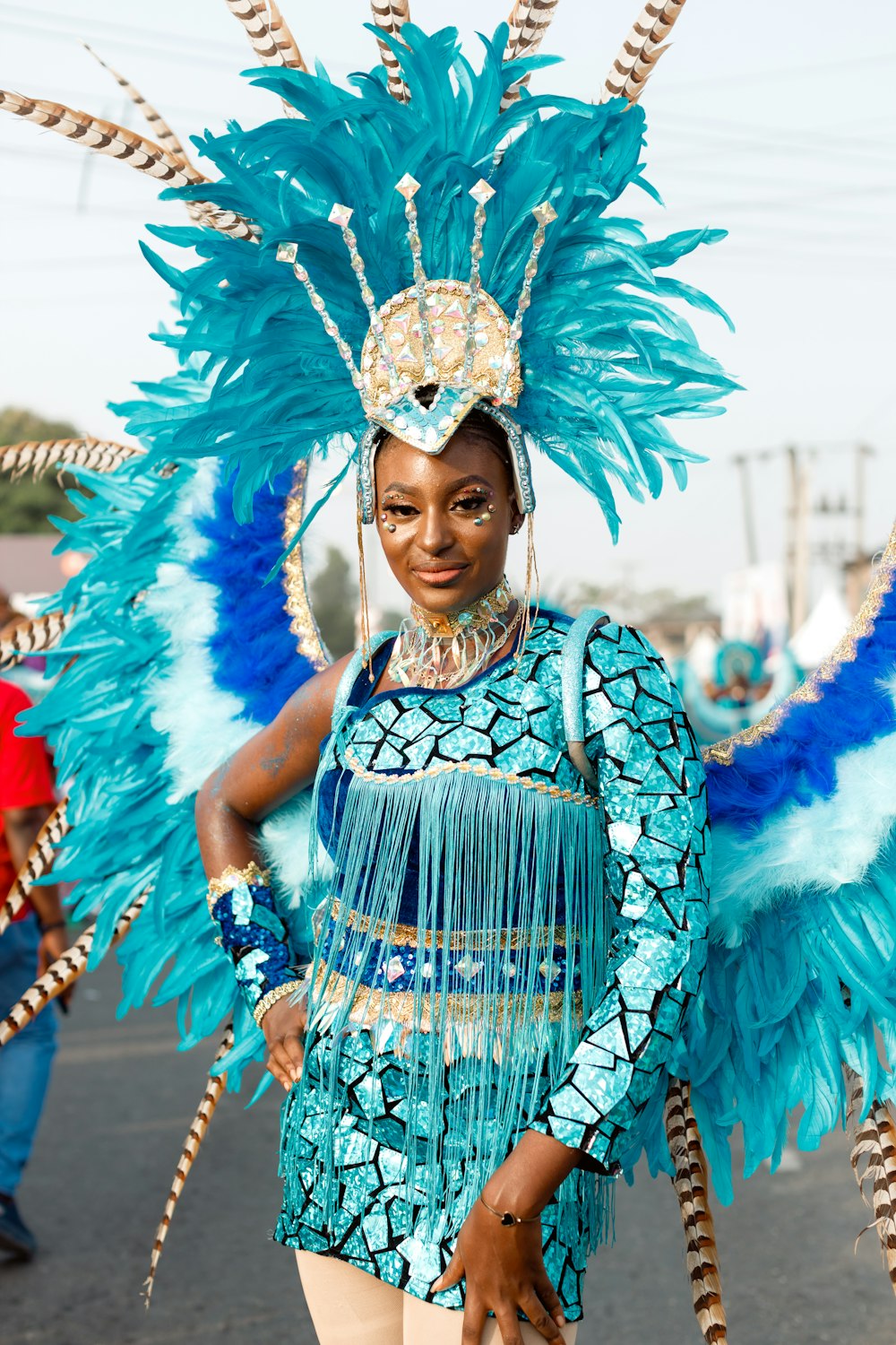 a woman in a blue and white costume