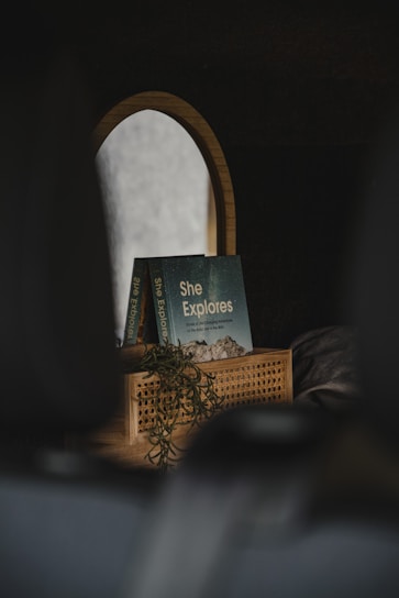 A book titled 'She Explores' rests on a wooden surface next to a small decorative plant. The background features a circular mirror and soft, dark shadows, suggesting a cozy and intimate setting.