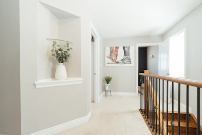 Bright hallway with freshly painted white walls and dark wood trim by Hedgie Wilder, showing precise