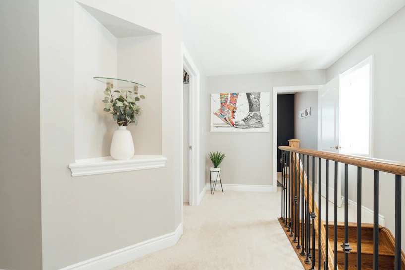 A freshly painted modern living room wall in soft warm grey with crisp white trim.