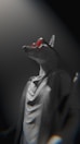 A statue of an anthropomorphic canine figure wearing red sunglasses and a flowing robe. The statue is lit dramatically from above, casting shadows that enhance its authoritative presence.