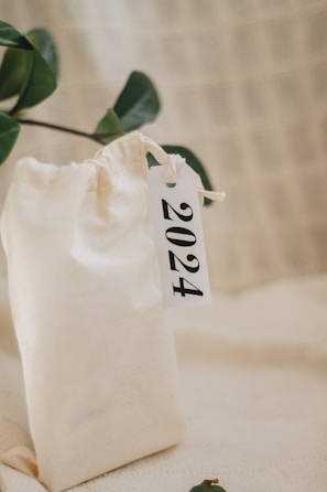 A beige cloth drawstring bag with a white tag that reads '2024' is positioned against a soft, textured background. A green leafy plant is partially visible in the top left corner, adding a touch of nature to the minimalist composition.