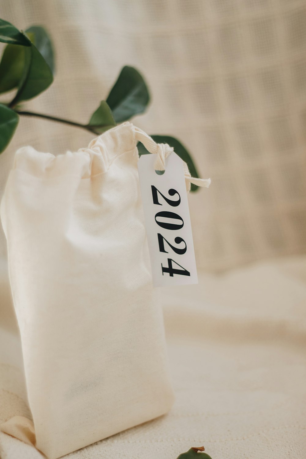 a white bag with a price tag on it next to a plant