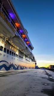 A large cruise ship is docked at a port, with a clear blue sky in the background. The side of the ship is adorned with a stylized wave design and illuminated by colorful lights, including purple and orange hues. Lifeboats are visible, and the reflection of a sunset is seen on the water. The dock area appears empty, providing a serene atmosphere.