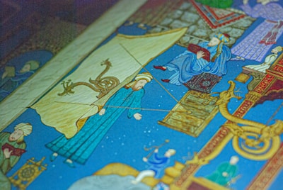 A vibrant, intricately detailed illustration featuring people in traditional attire, possibly from a historical or cultural context, accompanied by mythical creatures and ornate patterns.