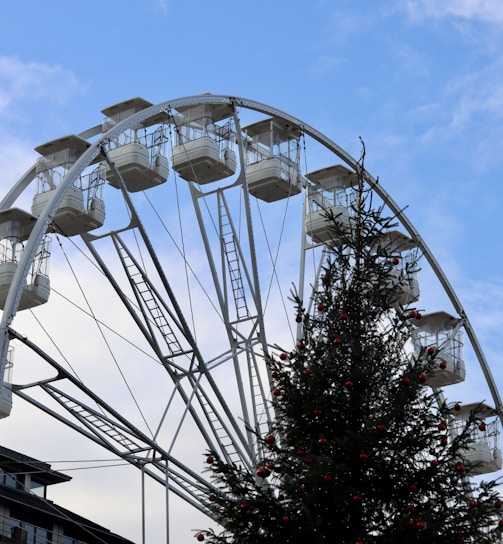 a ferris wheel with a christmas tree in front of it