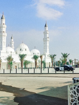 A large, white mosque featuring multiple domes and minarets stands under a clear blue sky. Palm trees line the area in front of the mosque, and a police car is parked on the street nearby.