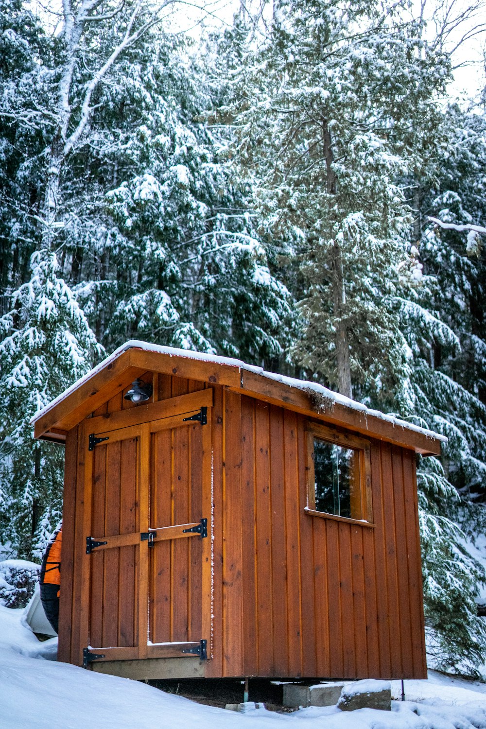 a small wooden cabin in the middle of a snowy forest