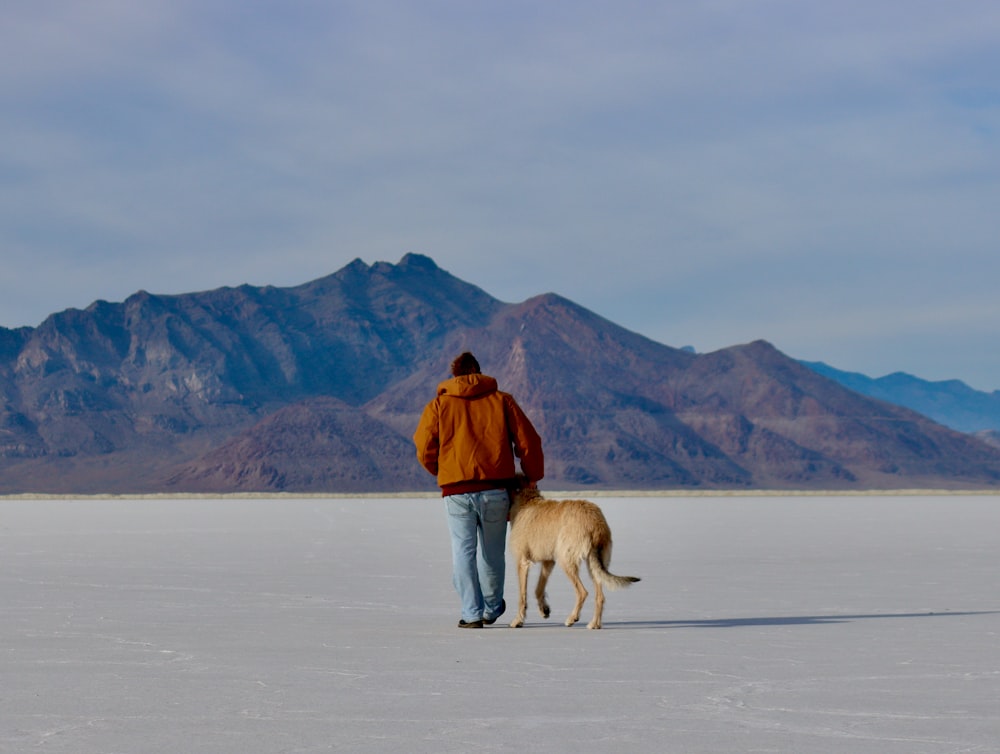 a man walking a dog across a desert plain