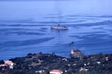 A large ship is seen in calm blue waters, emitting smoke from its smokestack. In the foreground, there is a smaller boat making its way through the water. On the shore, lush greenery and various buildings can be seen, including houses with red roofs and some white structures.