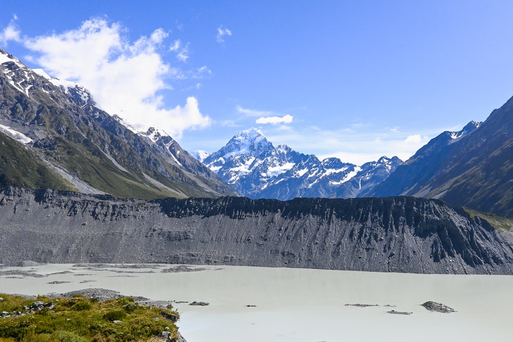 Un grande specchio d'acqua circondato da montagne