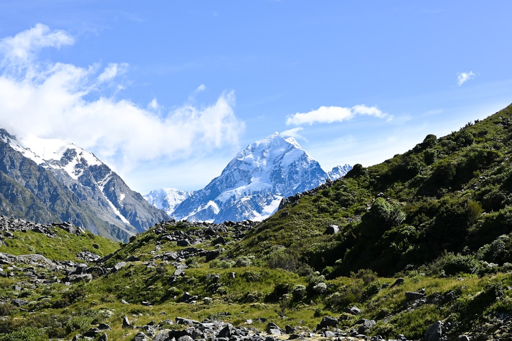 uma vista de uma cordilheira com pedras e grama