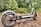 A modern electric scooter parked on a path with a backdrop of lush greenery. The close-up focuses on the rear wheel with orange accents and a sturdy black frame.