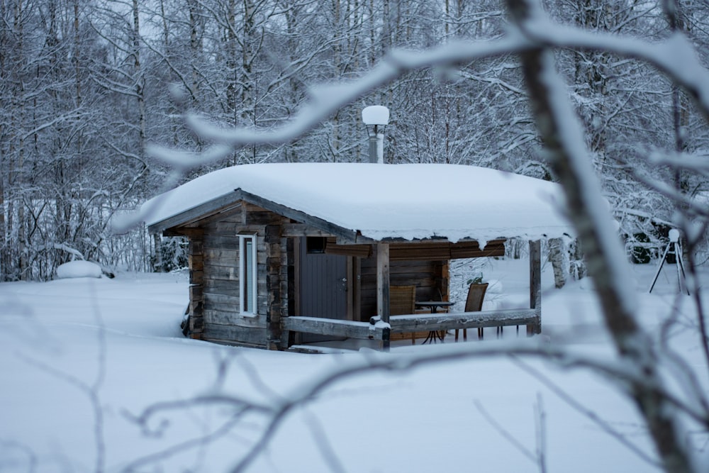 a small cabin in the middle of a snowy forest