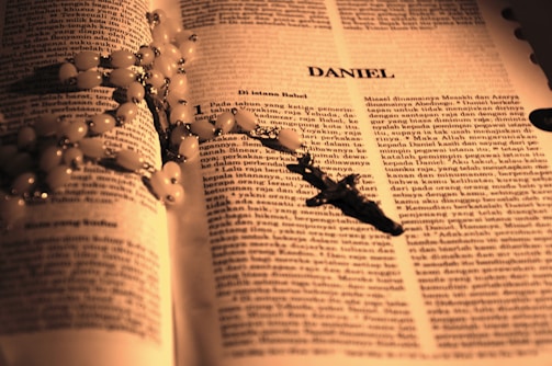 An open book with the title 'DANIEL' prominently displayed at the top of the right page, written in upper case letters. A bead rosary with a cross pendant is draped over the open pages, casting shadows in the warm, sepia-toned lighting.