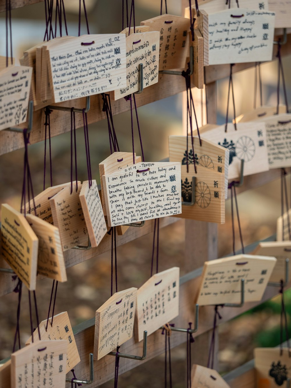 a group of wooden signs hanging from strings