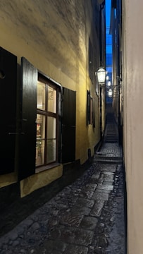A quiet alleyway in a European old town with warm evening light.