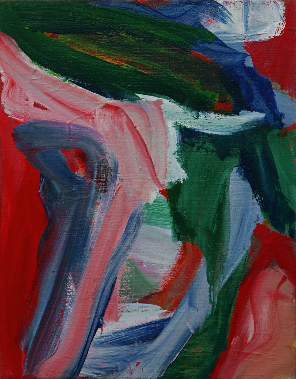 an abstract painting of red, green, blue, and white