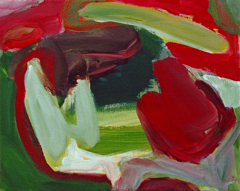 a painting of red, green, and white shapes