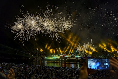a crowd of people watching a fireworks display