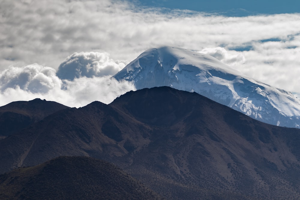 a snow covered mountain in the middle of a cloudy sky