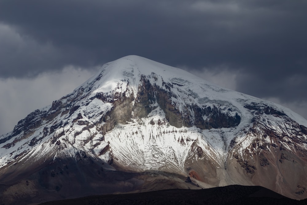 a snow covered mountain under a cloudy sky