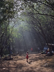 A young child in a red dress stands on a dirt path surrounded by tall trees. Sunlight filters through the canopy, creating rays that illuminate patches of the ground. A couple of adults are visible in the background walking and standing near a makeshift stall with smoke rising, possibly from cooking. The path is covered with leaves and shadows cast by the trees.
