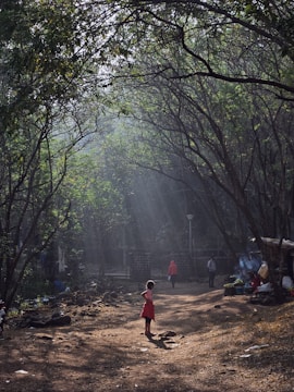 A young child in a red dress stands on a dirt path surrounded by tall trees. Sunlight filters through the canopy, creating rays that illuminate patches of the ground. A couple of adults are visible in the background walking and standing near a makeshift stall with smoke rising, possibly from cooking. The path is covered with leaves and shadows cast by the trees.