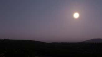 A glowing full moon shining over a quiet countryside landscape.