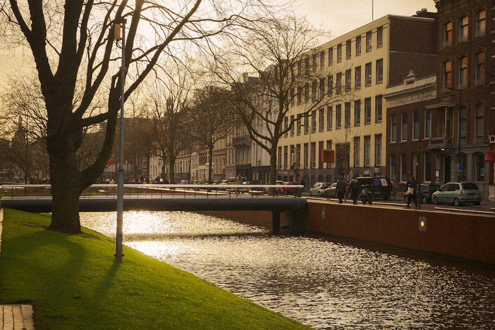 a river running through a city next to tall buildings