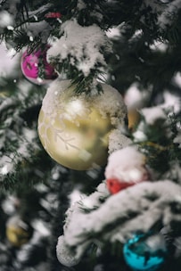 Close-up of colorful, eco-friendly Christmas ornaments hanging on a tree branch dusted with snow.