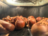 Close-up of hands carefully roasting peanuts over an open flame in a cozy workshop.