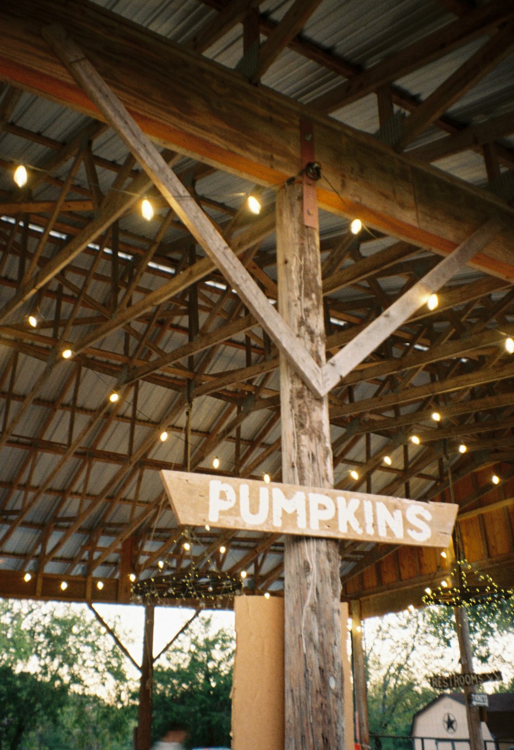 a wooden pole with a sign that says pumpkins
