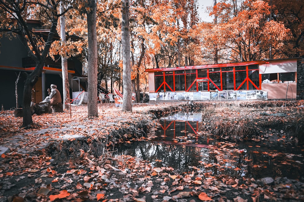 a red structure in the middle of a forest