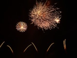 Several bright fireworks explode against a dark sky, with bursts of orange and red creating intricate patterns. Smaller fireworks can be seen in the foreground with trails leading up to the explosions.