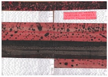 A textured artwork featuring horizontal bands with abstract patterns. The colors primarily range from deep reds to black, with speckled and splattered designs creating a dynamic visual effect. Handwritten text in red ink is visible at the top, mentioning 'TEXTILES 2A: PRINT & VIRTUAL VESSELS (projects) Thomas Kasterine', surrounded by numeric data sequences that appear to be part of an analytical or mathematical context.