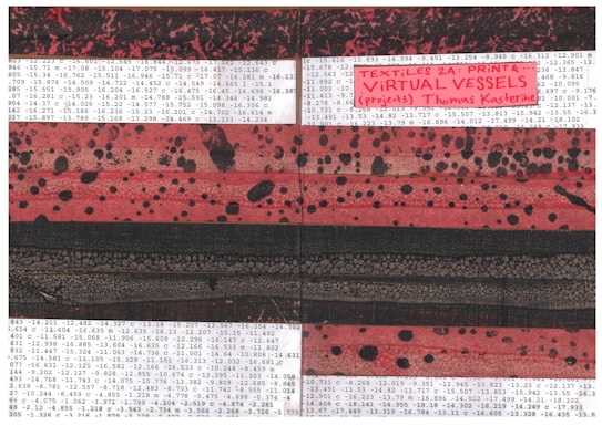 A textured artwork featuring horizontal bands with abstract patterns. The colors primarily range from deep reds to black, with speckled and splattered designs creating a dynamic visual effect. Handwritten text in red ink is visible at the top, mentioning 'TEXTILES 2A: PRINT & VIRTUAL VESSELS (projects) Thomas Kasterine', surrounded by numeric data sequences that appear to be part of an analytical or mathematical context.