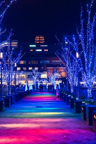 A nighttime urban scene featuring a pathway illuminated by colorful lights in a gradient pattern from red to blue. Trees lining the path are adorned with bright blue string lights, and a group of people is gathered in the distance. Buildings with illuminated signs are visible in the background.