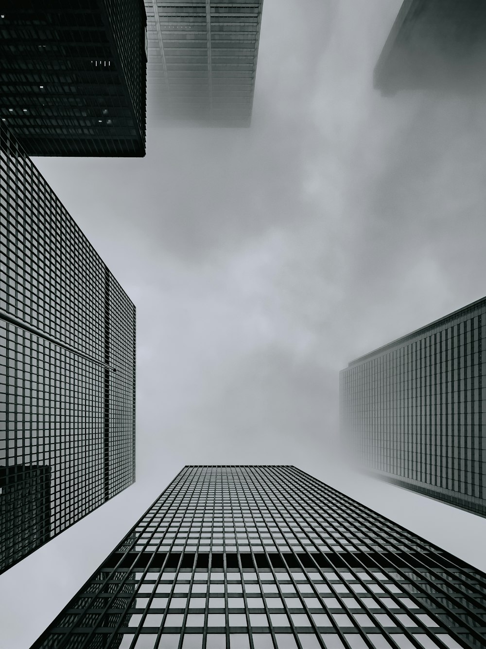 a black and white photo of tall buildings