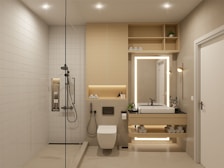 Modern bathroom featuring sleek fixtures and a spacious walk-in shower.