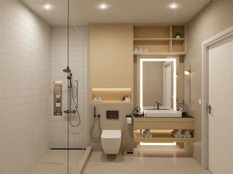 a bathroom with a shower, toilet, sink and mirror
