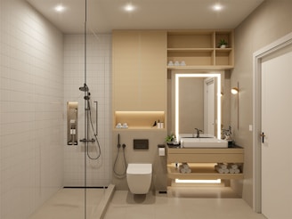 A modern, minimalistic bathroom featuring a walk-in shower with a rain shower head, a built-in shelf with toiletries, and a floating vanity with backlit mirror. The space includes a wall-mounted toilet, neatly stacked towels, potted plants, and recessed ceiling lights for a clean and organized look.