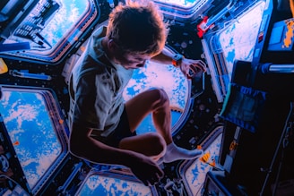 An individual is floating in a spacecraft, surrounded by multiple circular windows offering a stunning view of the Earth below. The scene is filled with various devices and equipment typically found inside a space station.