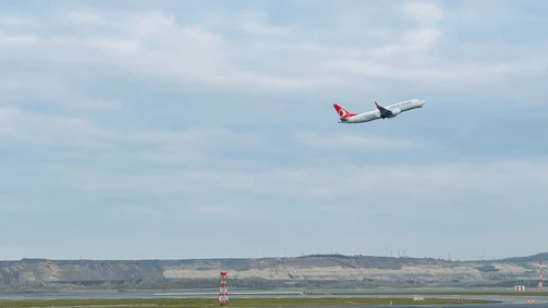 An airplane taking off symbolizing international logistics and freight.